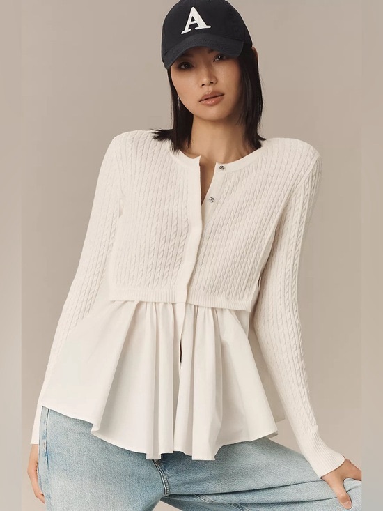 Anthropologie Sweaters - Anthropologie Ivory Cable-Knit Sweater with Cotton Shirt Bottom Size Large BNWT